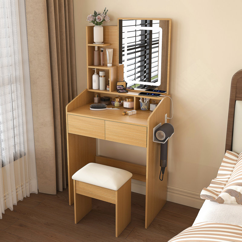 Table de coiffeuse compacte avec miroir lumineux à DEL, prise de courant, support pour sèche-cheveux et tabouret, idéale pour les petites chambres à coucher et l'organisation de cosmétiques