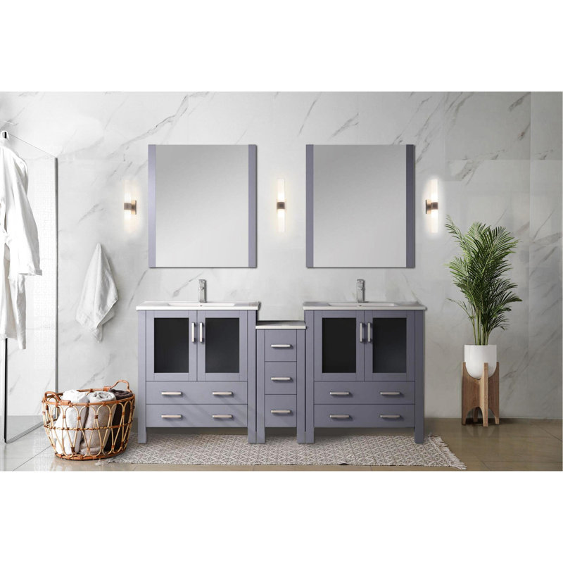 Gris foncé foncé de 72 po Meuble-lavabo double W, armoire latérale attachée, comptoir en céramique blanche, fabrication en bois massif, système de tiroir à fermeture en douceur, 2 armoires de rangement, 7 tiroirs, meuble-lavabo avec