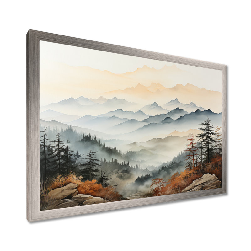 Mountain Morning Whisperes I - montagnes, art mural, H 12 po x l 20 po x P 1 po, Cadre simple argenté