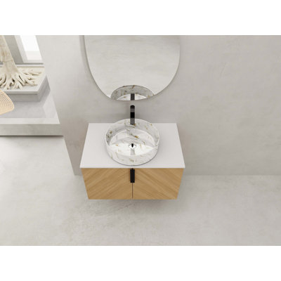 Meuble-lavabo de 30 po avec lavabo d'art supérieur en céramique et dalle de pierre artificielle, 2 portes à fermeture douce, fixation murale