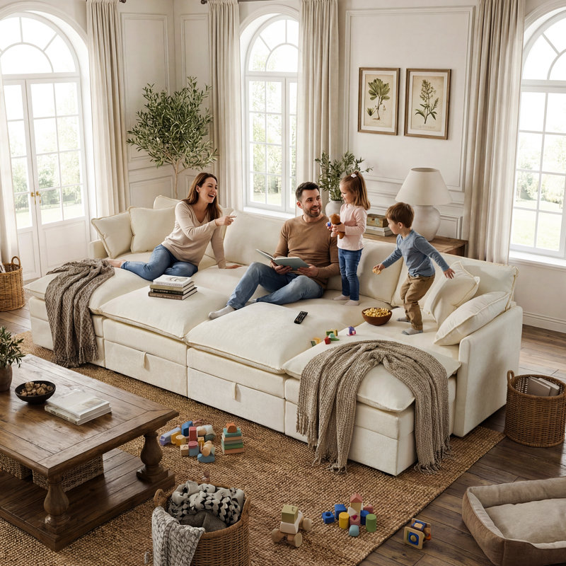 Canapé modulaire en U en chenille de 135 po avec sièges de rangement George, Chenille beige