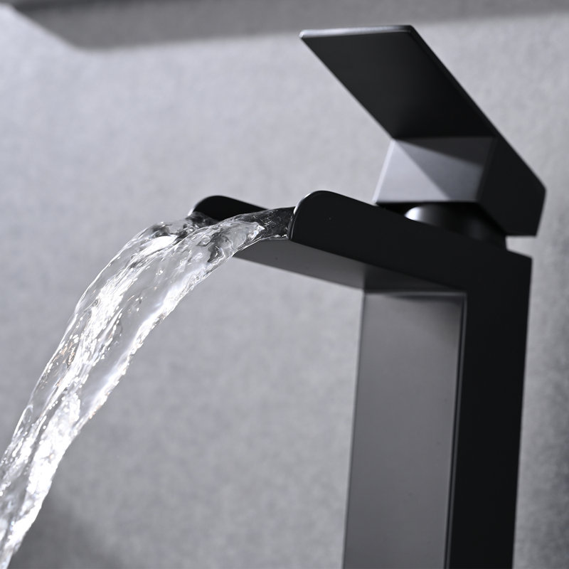 Geometric Waterfall Bathroom Faucet, Single Handle Single Hole Vanity Sink Faucet with Open Channel Spout, Matte Black