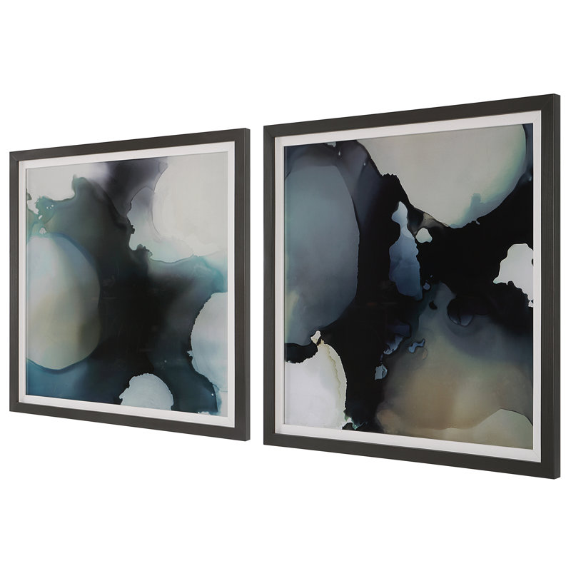 Modern Blue and Amber Abstract Framed Prints Set