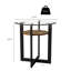 Table de bout ronde en verre trempé avec tablette en bois et pieds croisés en fer
