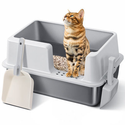 Tucker Murphy Pet Upgraded Extra Large Stainless Steel Cat Litter Box With Lid, 2xScoop, High Sided, Easy Cleaning, 24"L x 16.3"W x 11.8"H