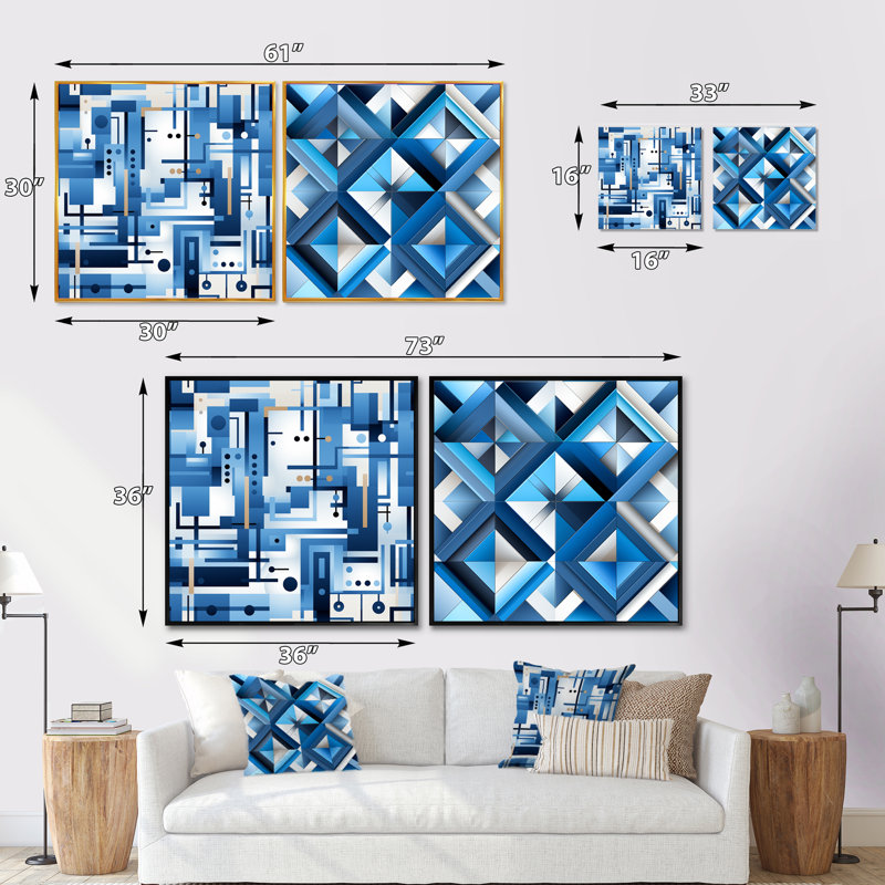 Ensemble de 2 carrés urbains à motif géométrique bleu et bleu cobalt Urban, Cadre flottant doré, H 16 po x l 33 po