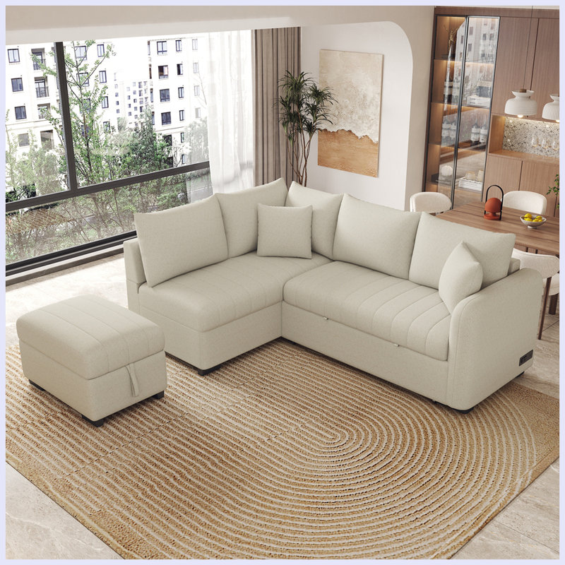 L-shaped Sectional Pull Out Sofa Bed Sleeper Sofa with Two USB Ports, Two Power Sockets and a Movable Storage Ottoman