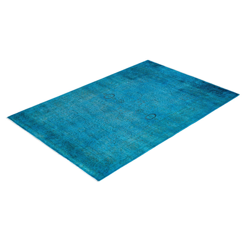 Tapis unique noué à la main Fine Vibrance - bleu, 4 pi 3 po x 6 pi 3 po