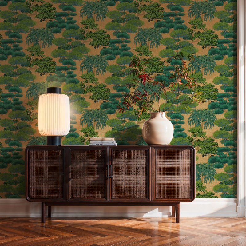 Havana 2 Collection Tree Tops Wallpaper Roll, Gold/Green