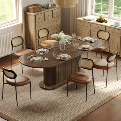 Mid Century Modern Faux Leather Upholstered Dining Side Chairs With Curved Rattan Back,Camel
