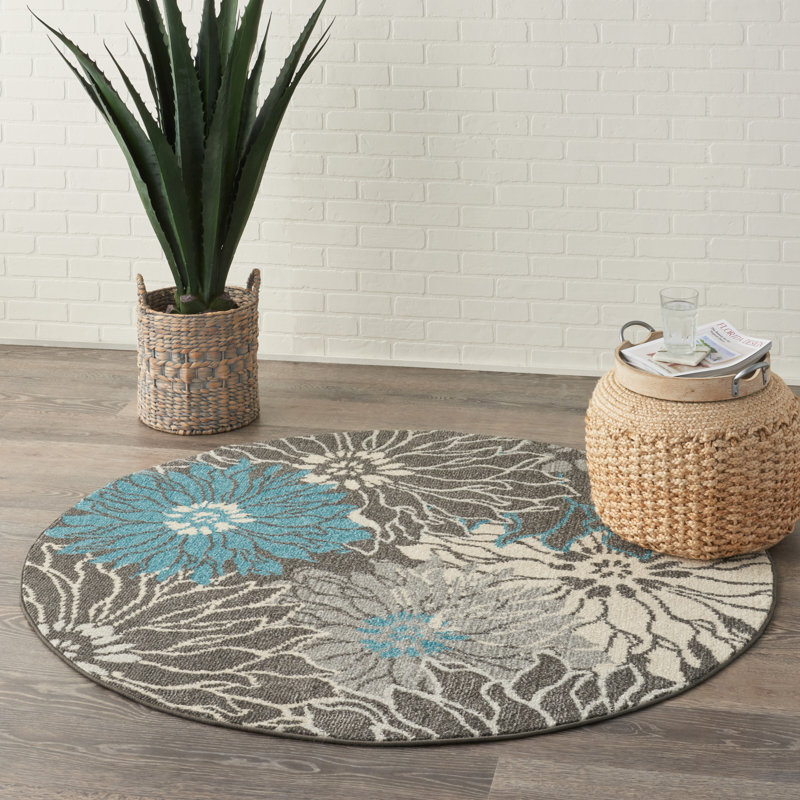 Tapis floral ivoire / gris / turquoise Gehl, Rond 5 pi 3 po