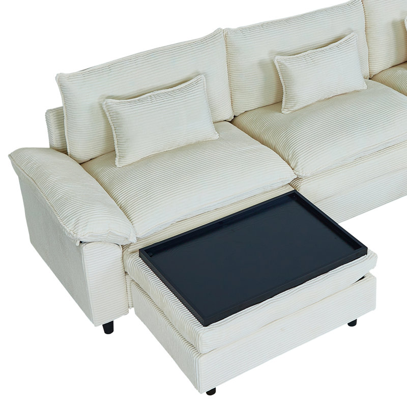 Canapé moderne avec repose-pieds Comfort, Velours côtelé beige, H 36,6 po x l 84,6 po x P 31,9 po