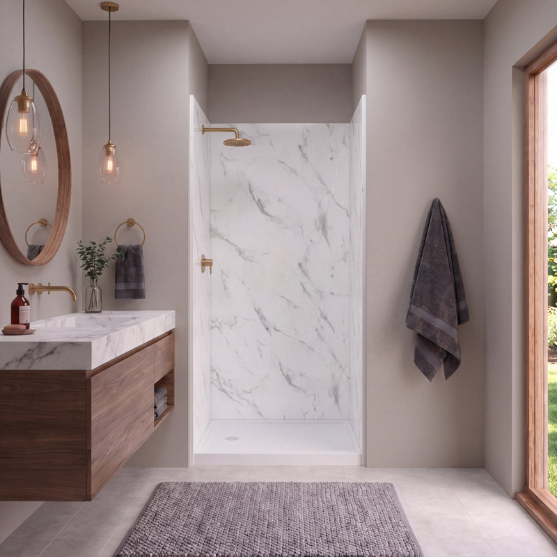 Ensemble de panneau de douche 3 pièces à surface solide Expressions, 72 po de hauteur, H 72 po x l 36 po x P 36 po, Bianca