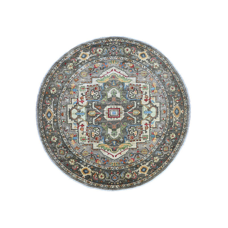 Tapis rond gris en laine noué à la main 10 pi x 10 pi Sonic Peshawar avec motif Heris DDBD70246C4D491ABF4D2A09AFB9EB84