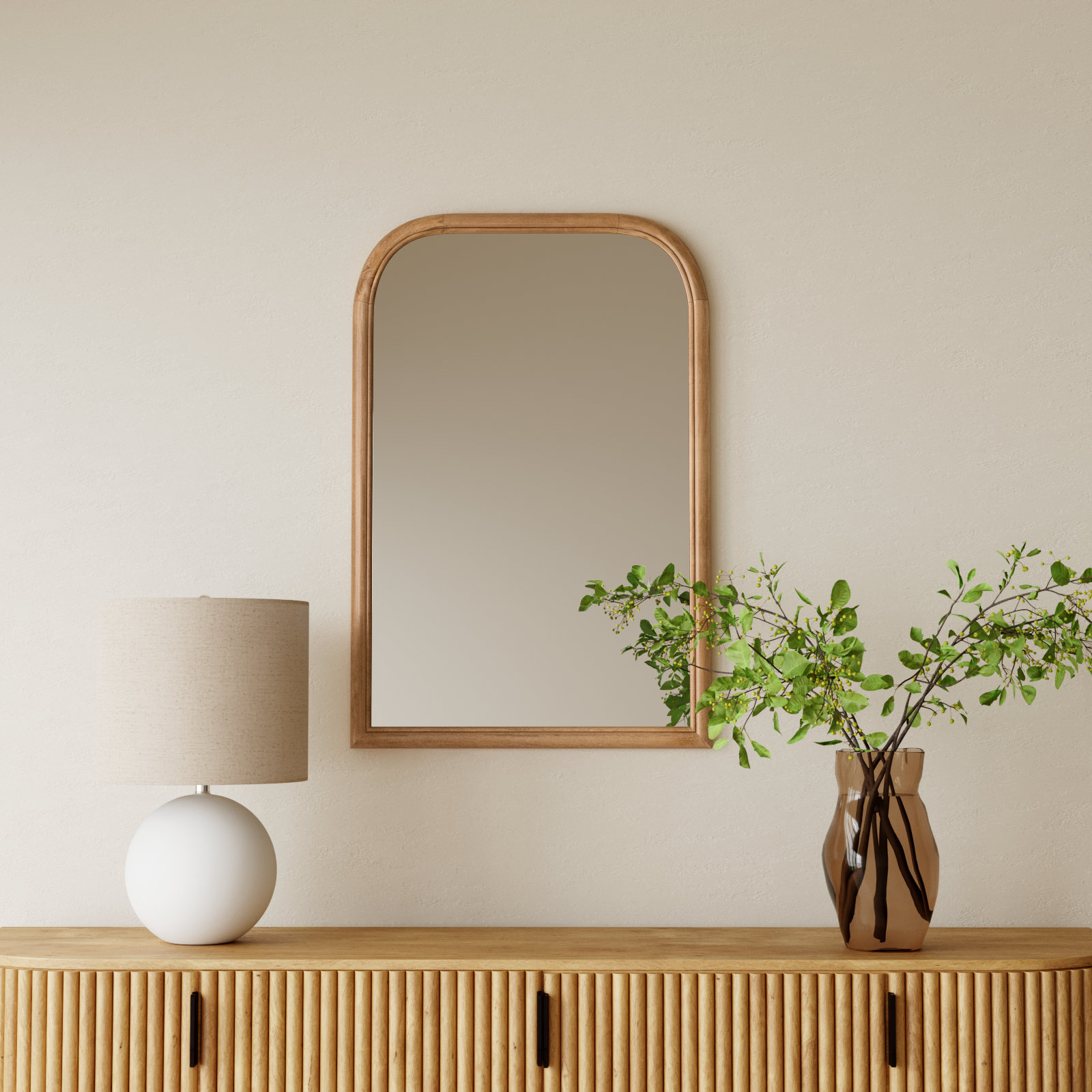 Brandis Wooden Bathroom Wall Mirror, 36" x 24", Rustic Brown, Arch