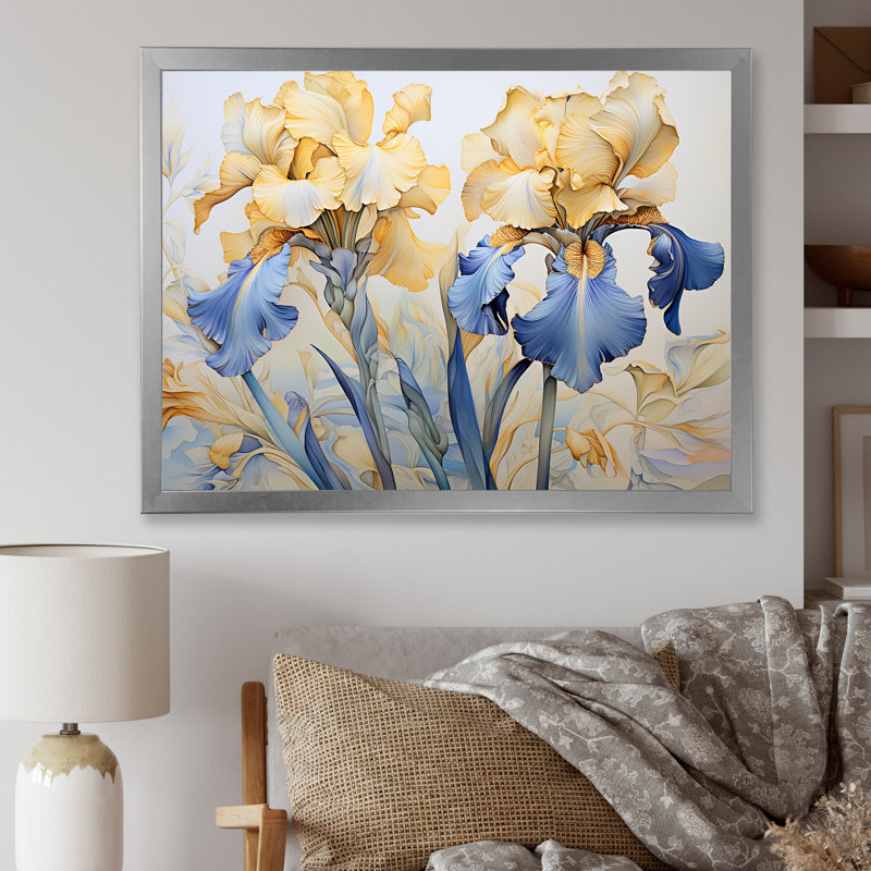 «Golden Blue Irises Melody I» sur toile, Cadre photo argenté, H 30 po x l 40 po