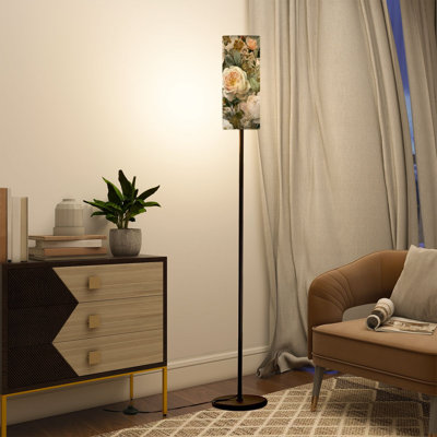 68.5" Standing Floor Lamp Antique Rose Peony Wildflower Botanical Fabric Dimmable Metal Pole Lamp with Linen Lampshade LED Bulb Included