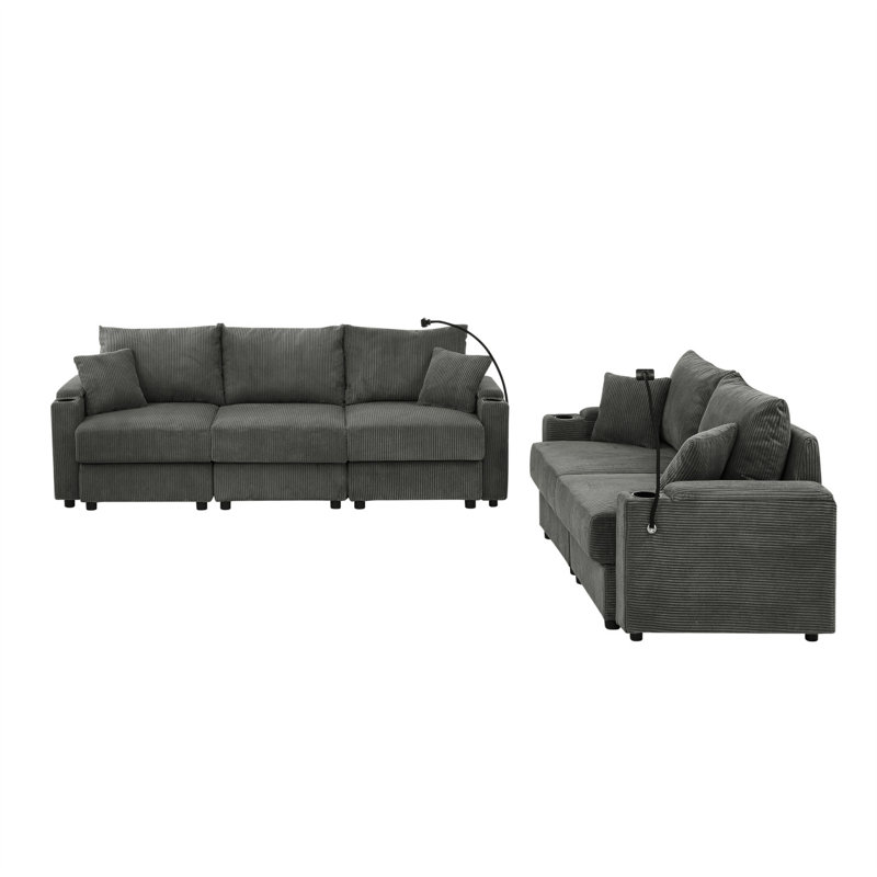 Canapé moderne avec ensemble de 2 places et causeuse avec rangement, canapé à siège profond avec porte-gobelets et ports de recharge pour téléphone, canapé en velours côtelé gris pour le salon, gris