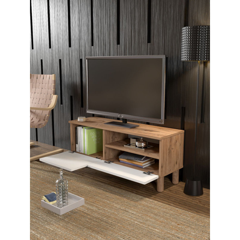 Modern TV Stand with Wall-Mount Option, Atlantic Pine & White, 40.9 x 18.5 x 13.8 inches | 100% Melamine Coated Chipboard, Thickness: 0.7 inches | Stylish Design with Multiple Shelves, Perfect for Scandinavian Home Décor