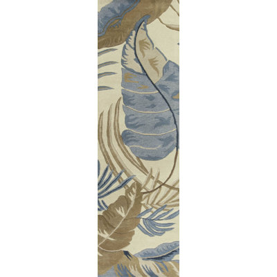 8' Ivory and Blue Wool Tropical Botanical Hand Tufted Runner Rug