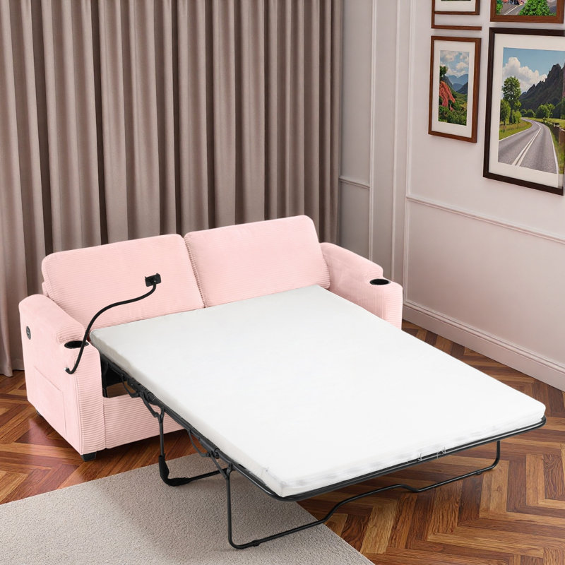 Canapé-lit convertible avec matelas double, 2 ports USB, 2 porte-gobelets, 2 poches latérales et 1 support pour téléphone