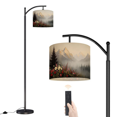 Arc Floor Lamp Mist covered Mountain Landscape Colorful Wildflowers Bloom Floor Lamps with Remote LED Lights Adjustable Lamp Shades Tall Standing Lamps for Reading Office Living Room