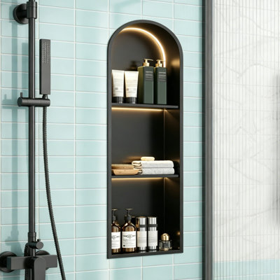 Led arched Shower Niche 12"w X 36"h - No Tile Needed 304 Stainless Steel Waterproof Bathroom Shelf With Lighting, Vertical Or Horizontal Install
