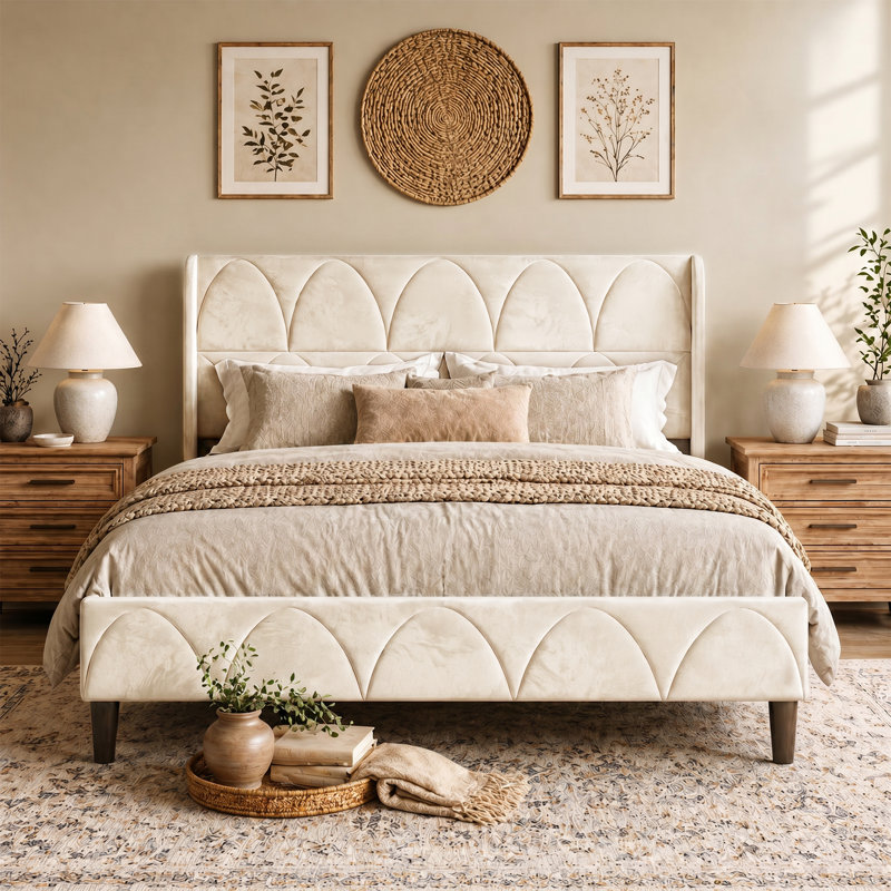 Velvet Upholstered Bed with Wingback Headboard, White, Queen