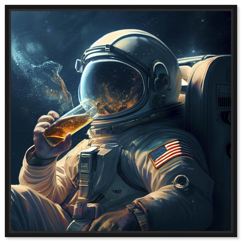 «Astronaut Drinks Beer Canvas» par Art Remedy, Cadre noir, H 13 po x l 13 po