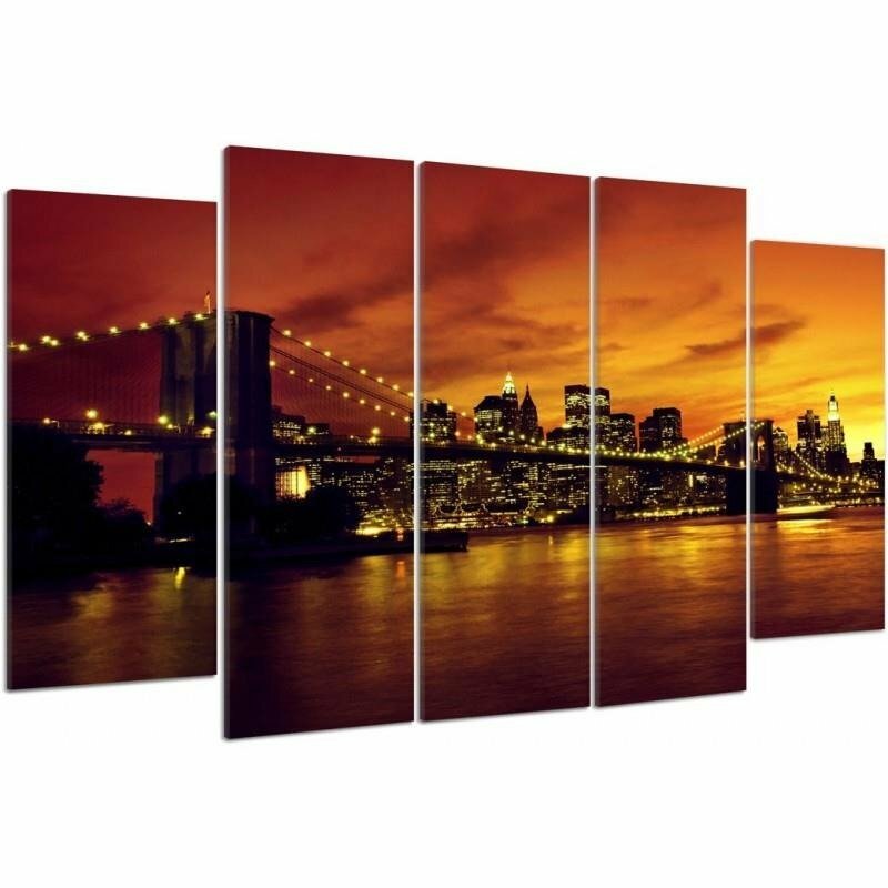 5-tlg. Fotodruck-Set Die Brooklyn Bridge und Manhattan bei Sonnenuntergang