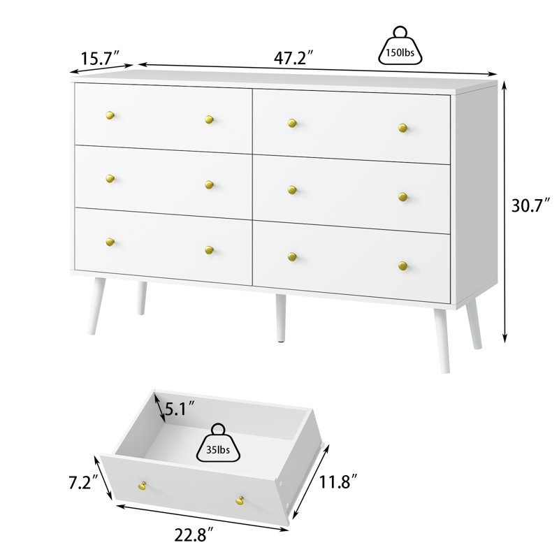 Commode pour chambre Dantee, commode 6 tiroirs avec poignées dorées, commodes modernes et commodes, Blanc