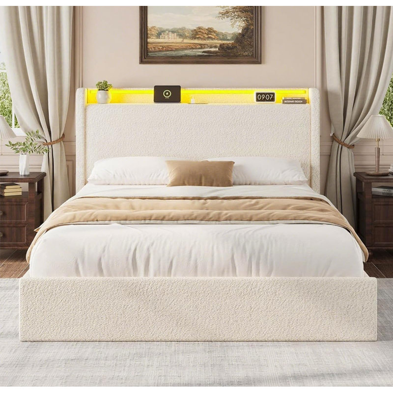 Cadre de lit avec tête de lit, station de charge, cadre de lit rembourré avec lumières DEL, 4 tiroirs, Beige, Grand lit