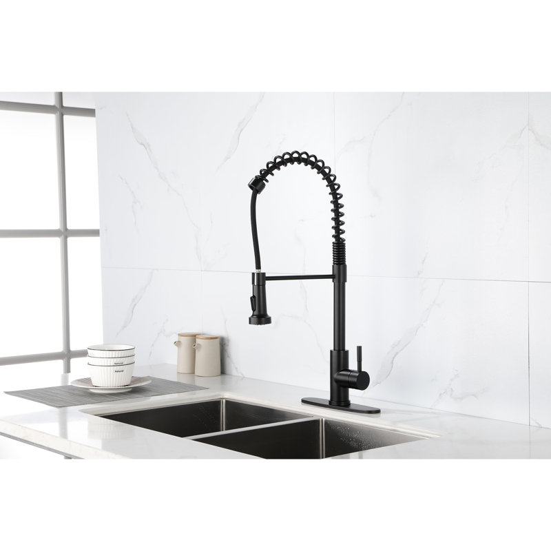 Robinet de cuisine noir mat avec douchette extractible - Acier inoxydable, revêtement, ressort rotatif à 360 °, débit d'eau