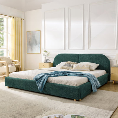 Très grande base de lit tapissier de style très moderne avec tête de lit courbée, tissu de qualité supérieure et support de pieds robuste, matelas non inclus