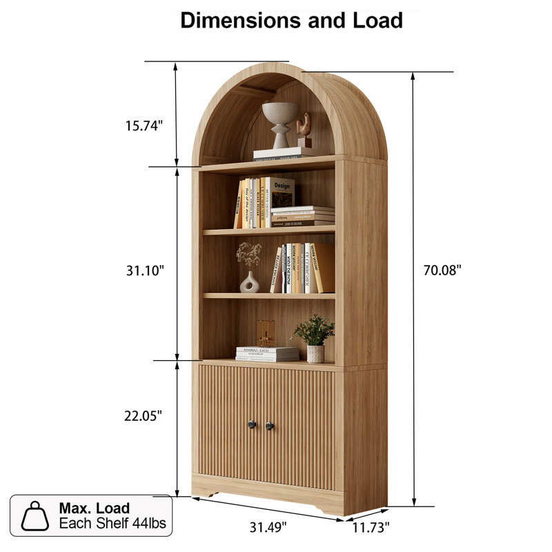 70.08"H Arched Storage Bookcase, Natural