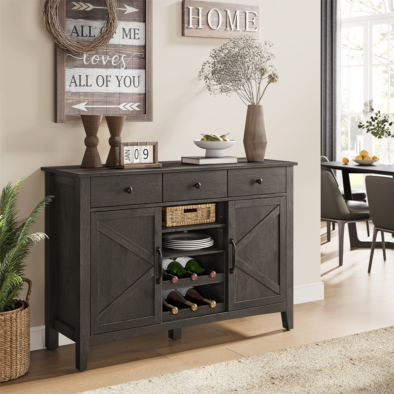 45.1" Gray Farmhouse Sideboard with Wine Rack and Storage