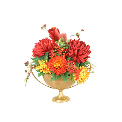 Vibrant Fall Colored Mums and Tulips in Brass Oval Bowl