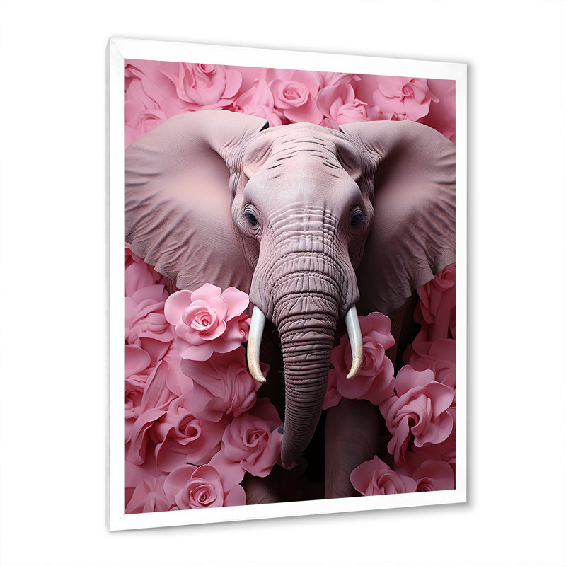 Rose romantique, éléphant I - éléphant, art mural, H 32 po x l 24 po x P 1 po, Cadre simple blanc