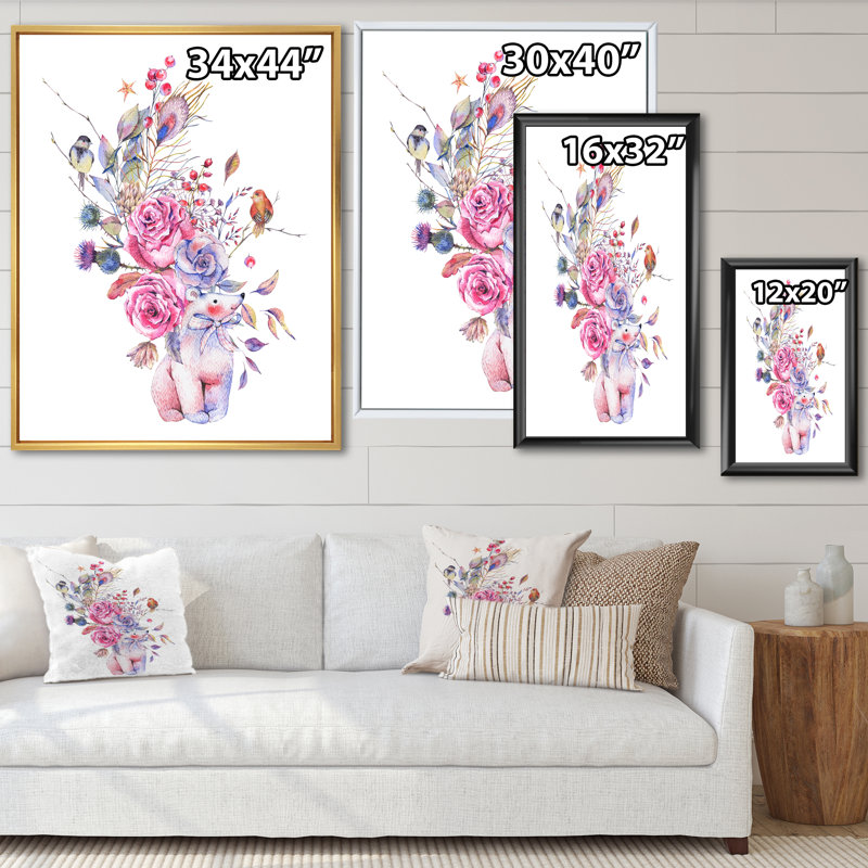 Ours polaire bleu et rose - Bouquet de fleurs - peinture sur toile, H 44 po x l 34 po, Toile à cadre flottant noir