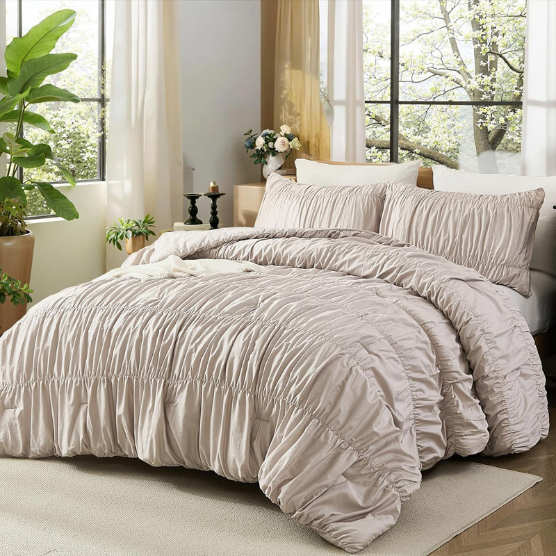 Édredon en coton ruché pour lit très grand, ensemble d'édredon très respirant en coton Boho, ensemble de literie de style campagnard 3 pièces Shabby Chic Ruffle Bedding, taupe clair