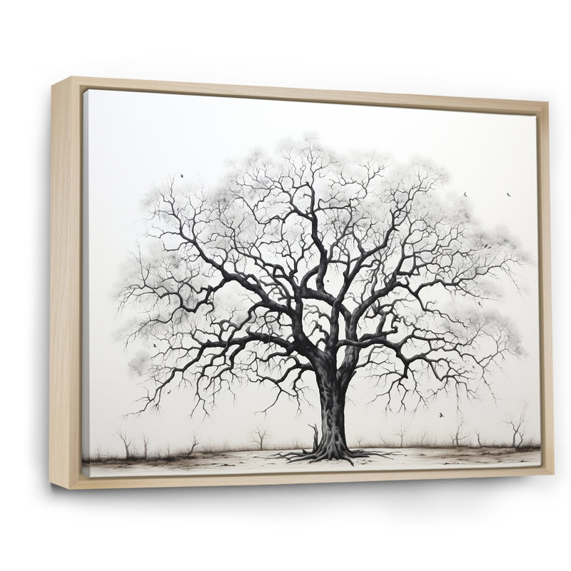 Minimalism Black And White Trees Oak II On Canvas Print, 16" H x 32" W x 1" D, Natural Floater Framed