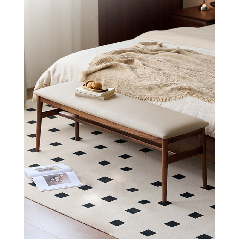 Banc minimaliste moderne en noyer et cuir pour chambre et salon