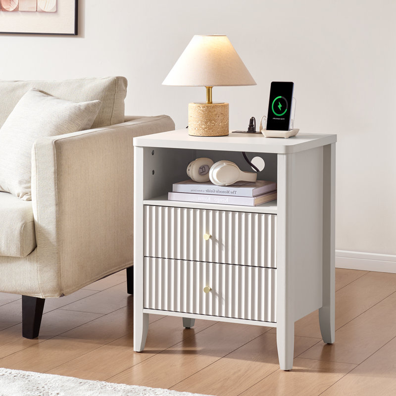 22" Nightstand with Charging Station, fluted set 2-Drawer Bedside Table with Open Shelf and Solid Wood Curved Legs