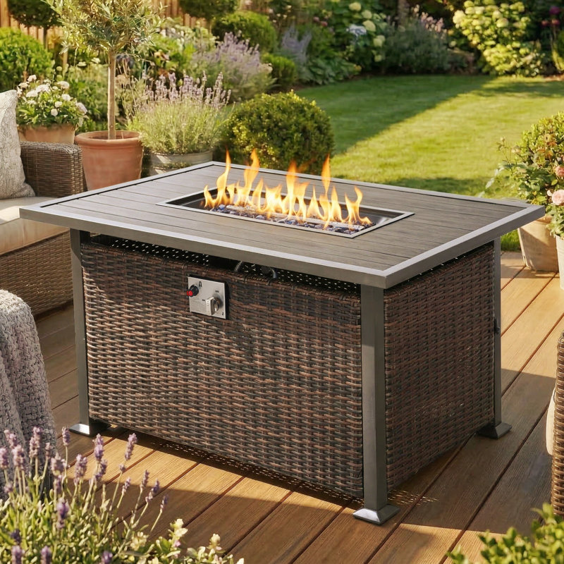 25" H x 48" W Outdoor Propane Fire Pit Table, 50000 BTU Fire Pit with Metal Lid and Fabric Cover