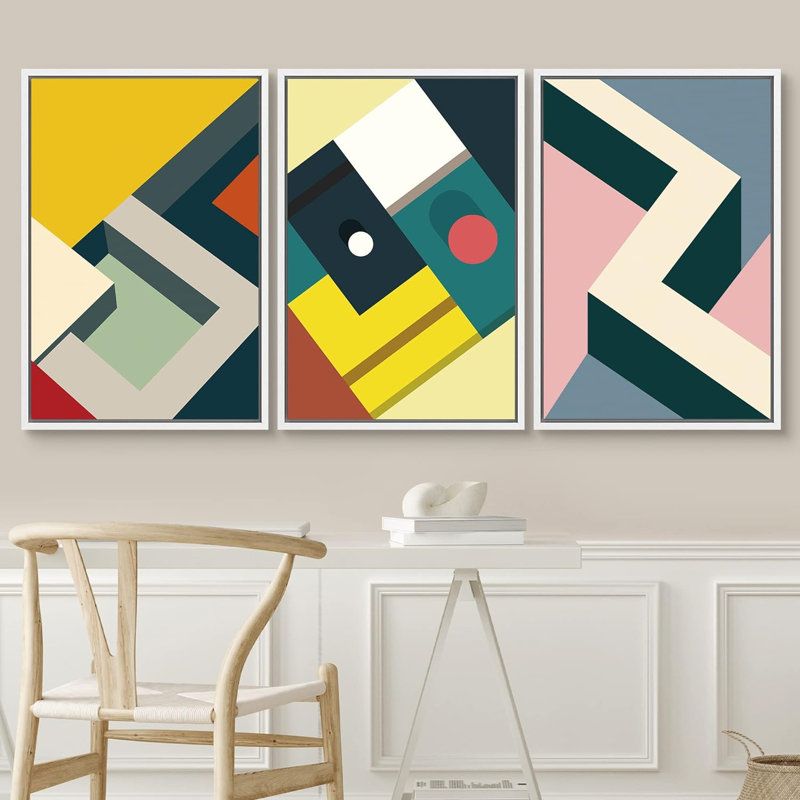 " Mid Century Illusion Pastel Colour Blocks Abstract Shape Illustration Modern Art Chic Multicolor " 3 - Pieces, Blanc