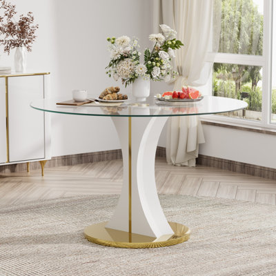 Table de salle à manger ronde à piédestal moderne, table en verre trempé pour 4-6 personnes