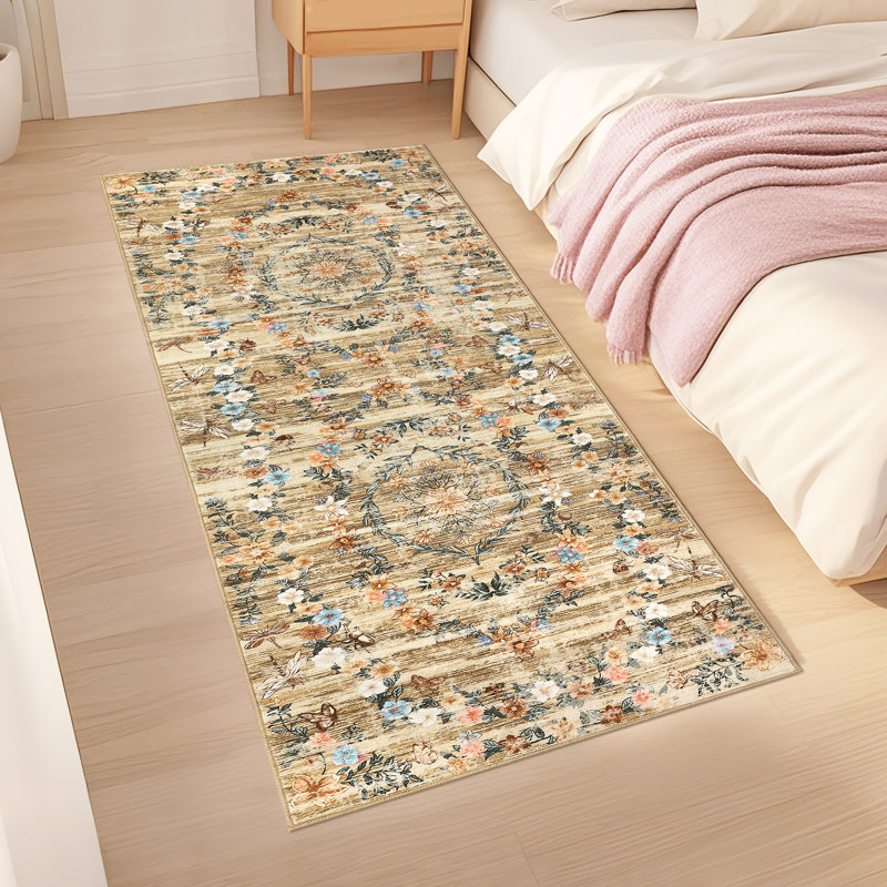 Washable Runner Rug 2x6 Floral Kitchen Runner Non Slip Vintage Throw Carpet for Hallway Boho Area Rugs for Entryway Laundry Bedroom Bathroom Brown