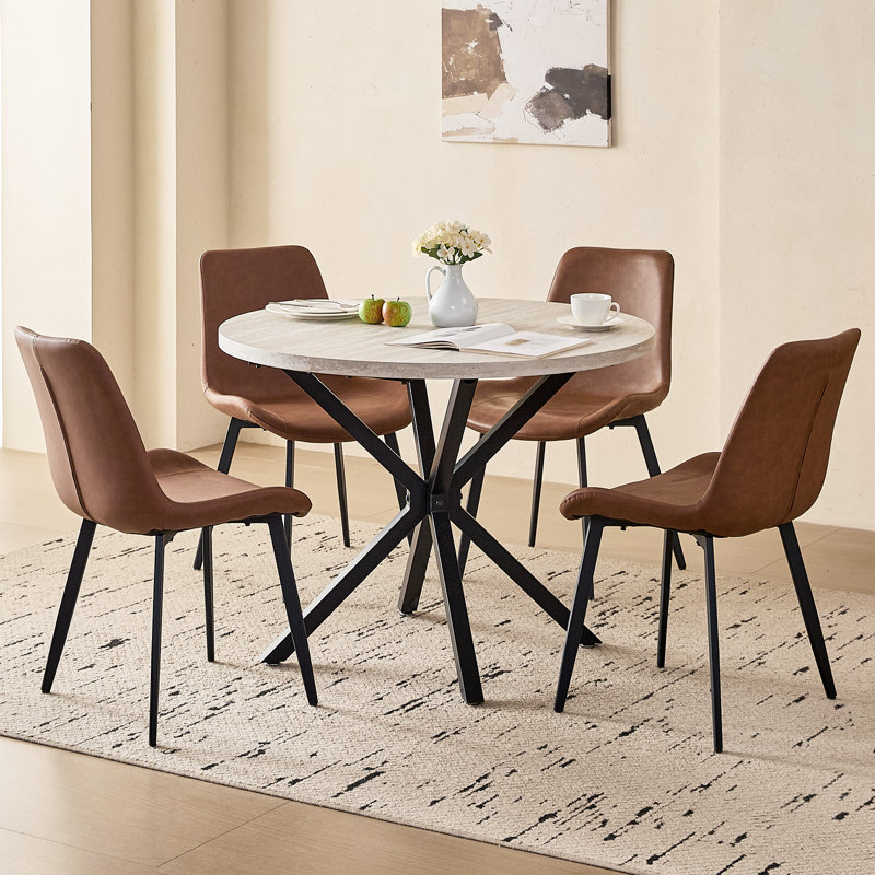 5-Piece Modern Round Dining Set, 39" Grey Stone Pattern Table with 4 Brown Faux Leather Chairs, Brown, Grey Stone Pattern