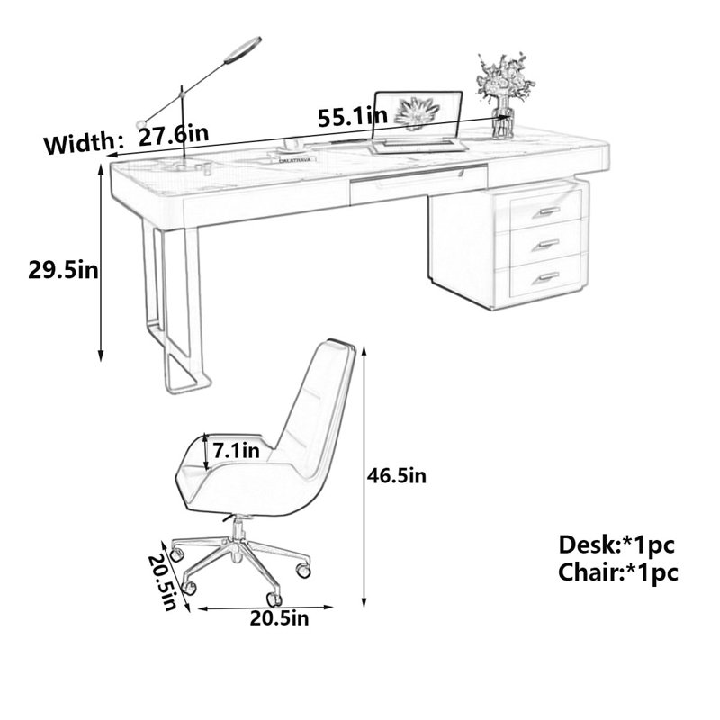 Bureau Modern, H 29,5 po x l 55,1 po x P 27,6 po