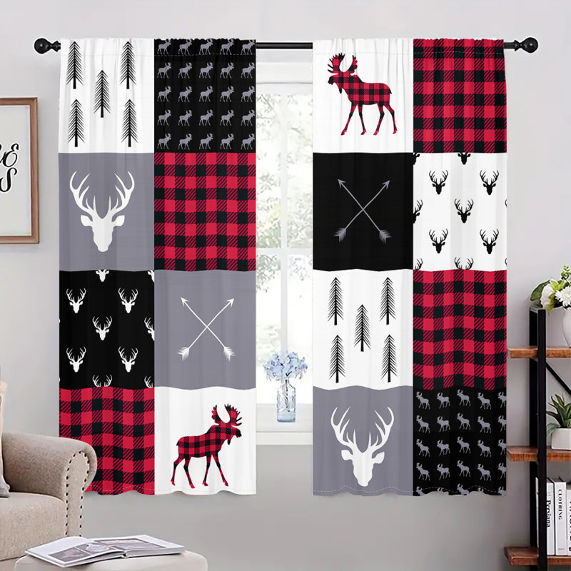 2Pcs Buffalo Plaid Curtains Red Black Woodland Moose Deer Antlers Pine Trees Arrows Pattern Rod Pocket Window Drapes Rustic Cabin Lodge Style Panels for Living Room Bedroom Home Decor